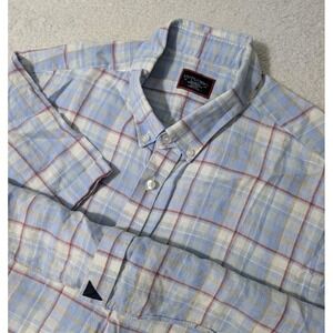Untuckit Matisco Light Mens XL Blue White Red Plaid Button Up SS 100% Linen